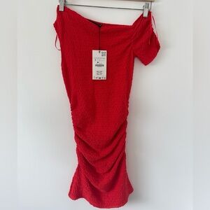 ZARA Red Textured Off-Shoulder mini Dress
